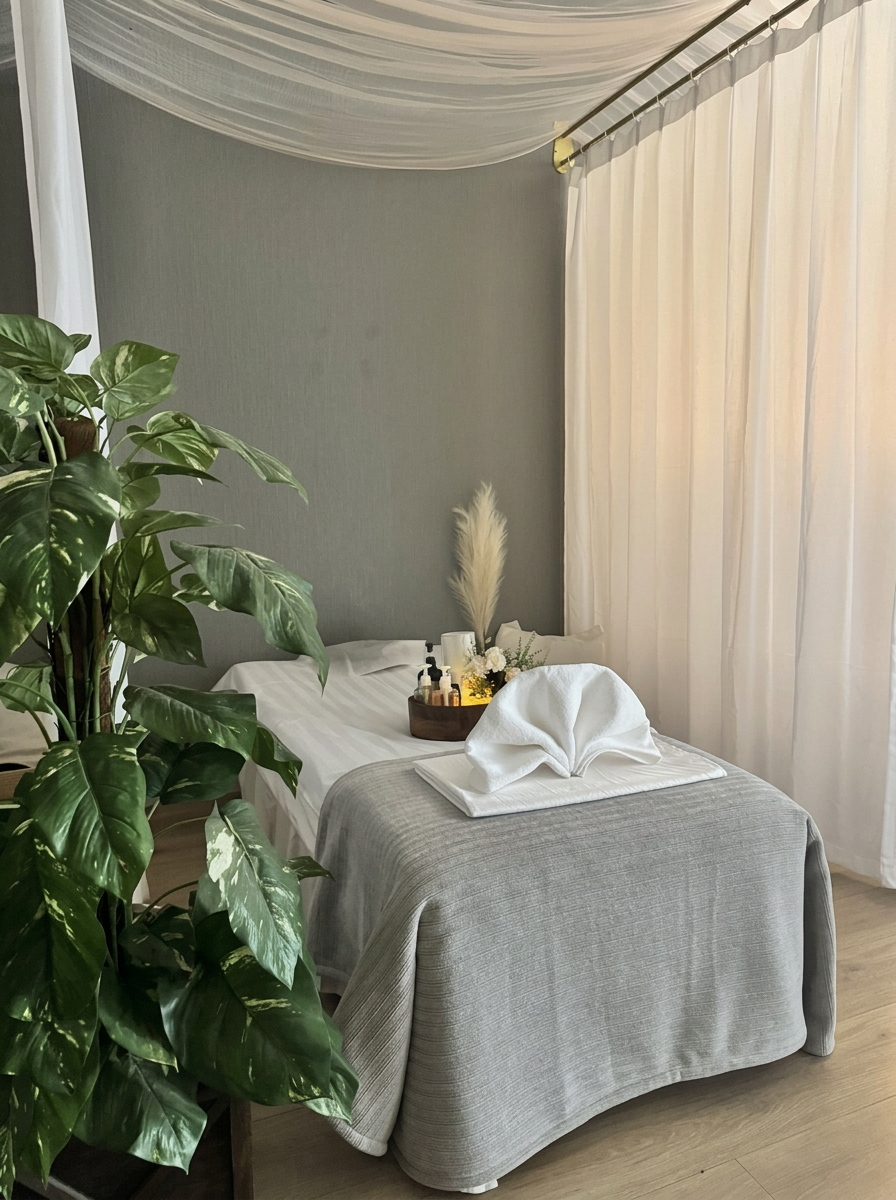 A botanical treatment room at Moonlight Valley Spa with a prepared massage table and soft curtains