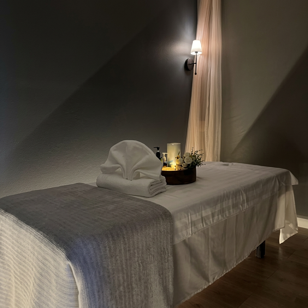 A warmly lit massage room at Moonlight Valley Spa with a prepared treatment table
